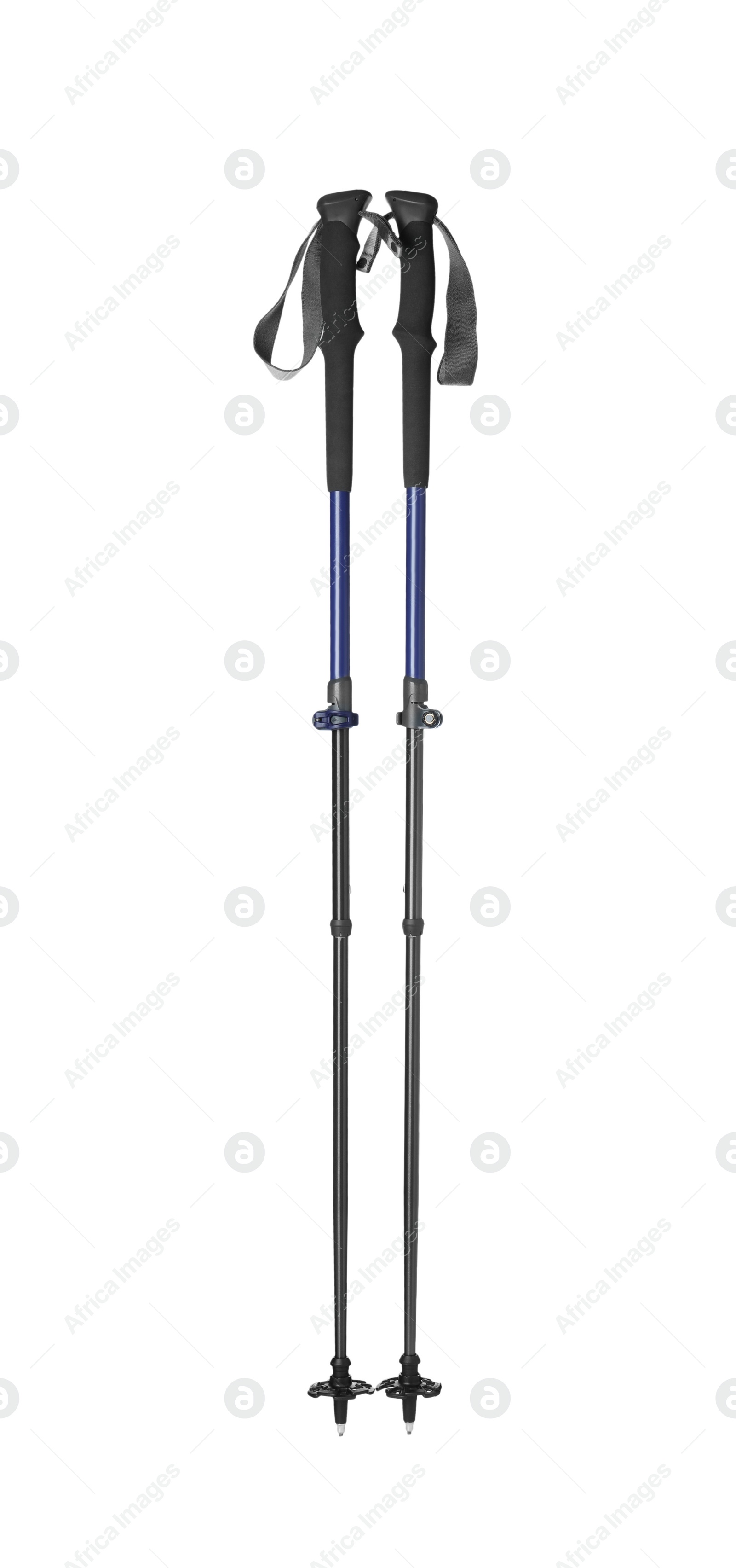 Photo of Pair of trekking poles on white background. Camping tourism