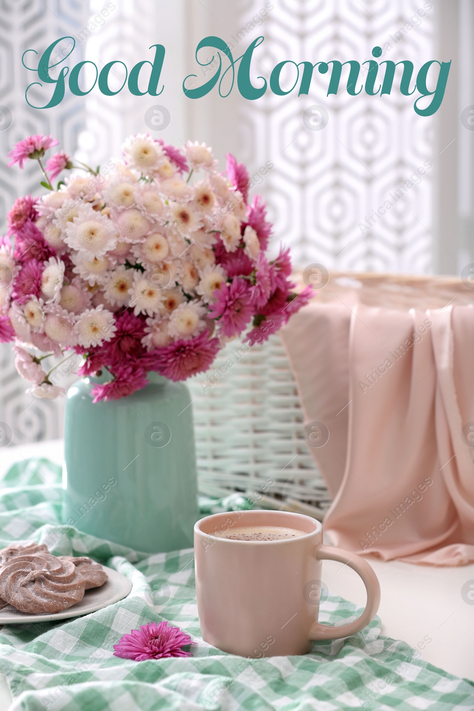 Image of Good morning! Cup of fresh coffee and beautiful bouquet on white table