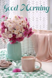 Image of Good morning! Cup of fresh coffee and beautiful bouquet on white table