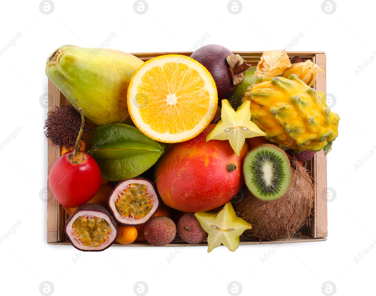 Photo of Crate with different exotic fruits on white background, top view