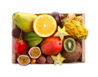Photo of Crate with different exotic fruits on white background, top view