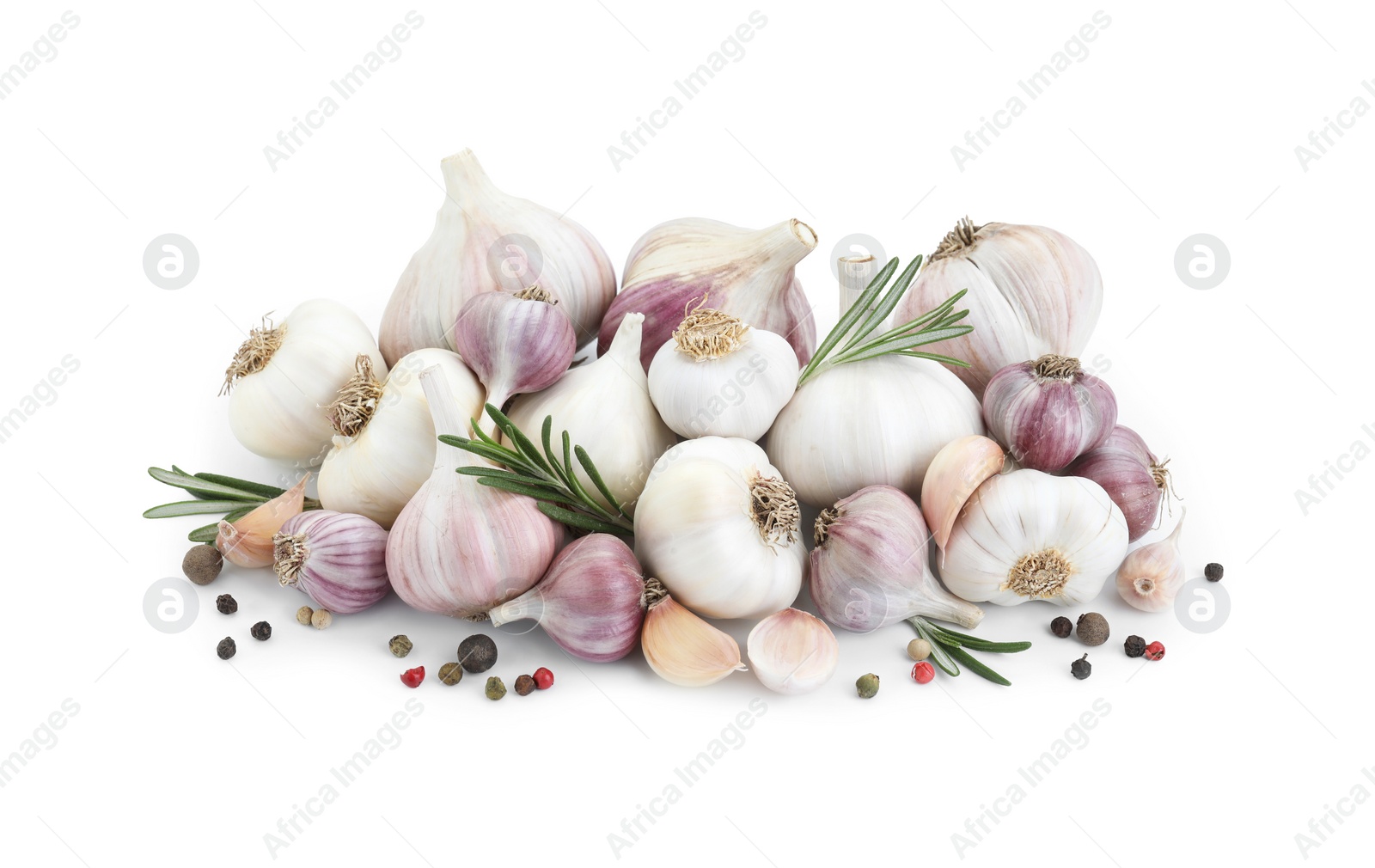 Photo of Fresh garlic, peppercorns and rosemary isolated on white