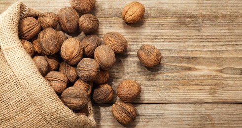 Photo of Burlap sack with walnuts on wooden table, top view. Space for text