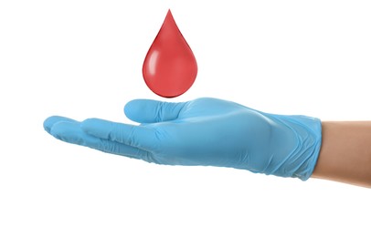 Image of Doctor and drop of blood on white background, closeup. Anemia concept