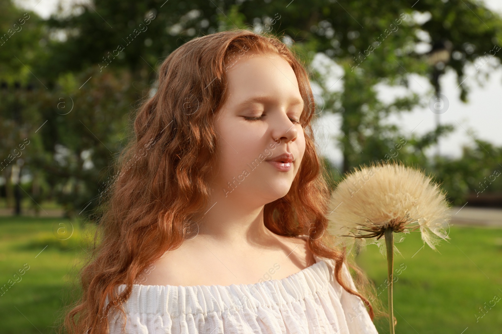 Photo of Cute girl with beautiful red hair blowing large dandelion in park. Allergy free concept