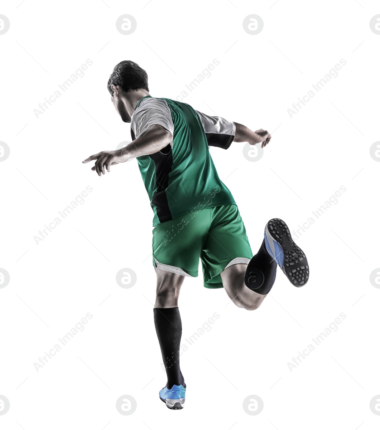 Image of Young man playing football on white background