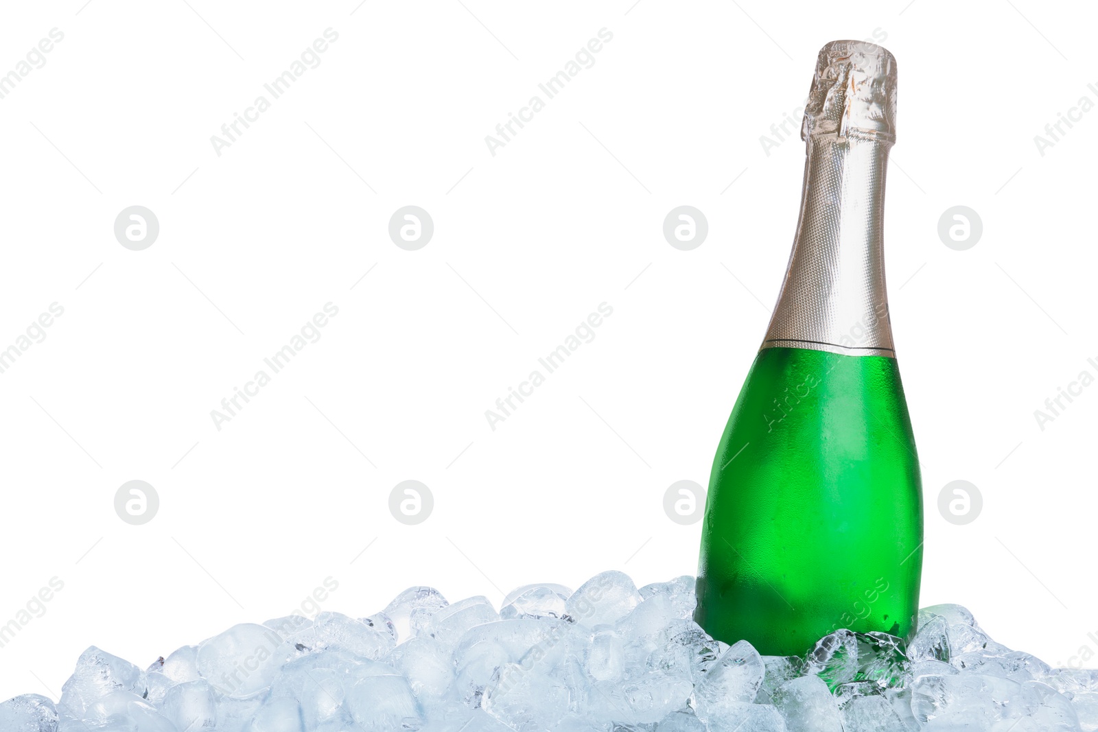 Photo of Ice cubes and bottle of champagne on white background