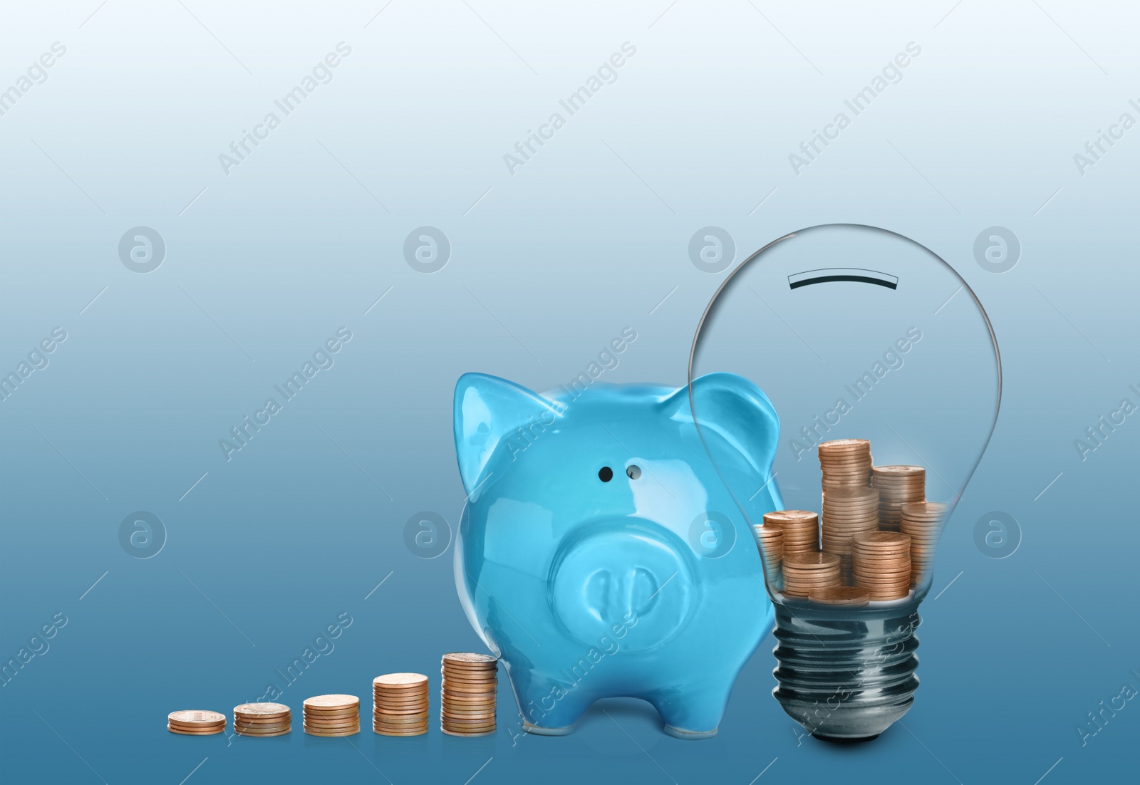 Image of Light bulb with stacked coins and piggy bank on light background. Energy efficiency, loan, property or business idea concepts
