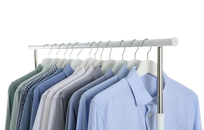 Photo of Men clothes hanging on wardrobe rack against white background