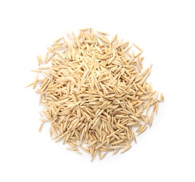 Photo of Raw oats on white background. Healthy grains and cereals