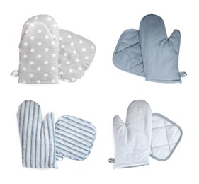 Image of Set with different oven gloves and potholders on white background, top view 