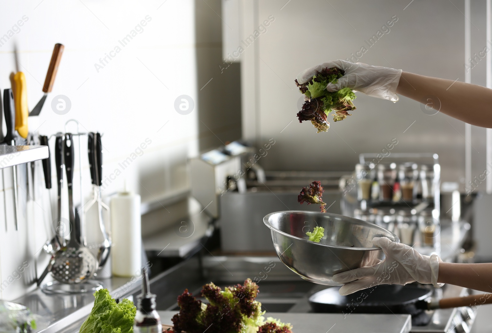 Photo of Female chef cooking tasty salad in restaurant kitchen, closeup