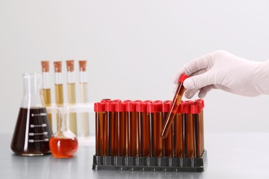 Photo of Scientist taking test tube with brown liquid from stand on table against light background, closeup