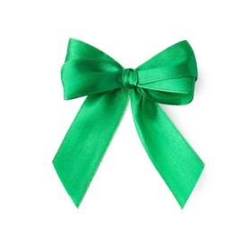 Green satin ribbon bow isolated on white, top view