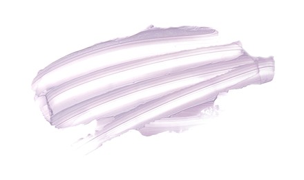 Photo of Strokes of purple color correcting concealer on white background, top view