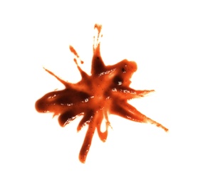 Photo of Drop of barbecue sauce on white background, top view