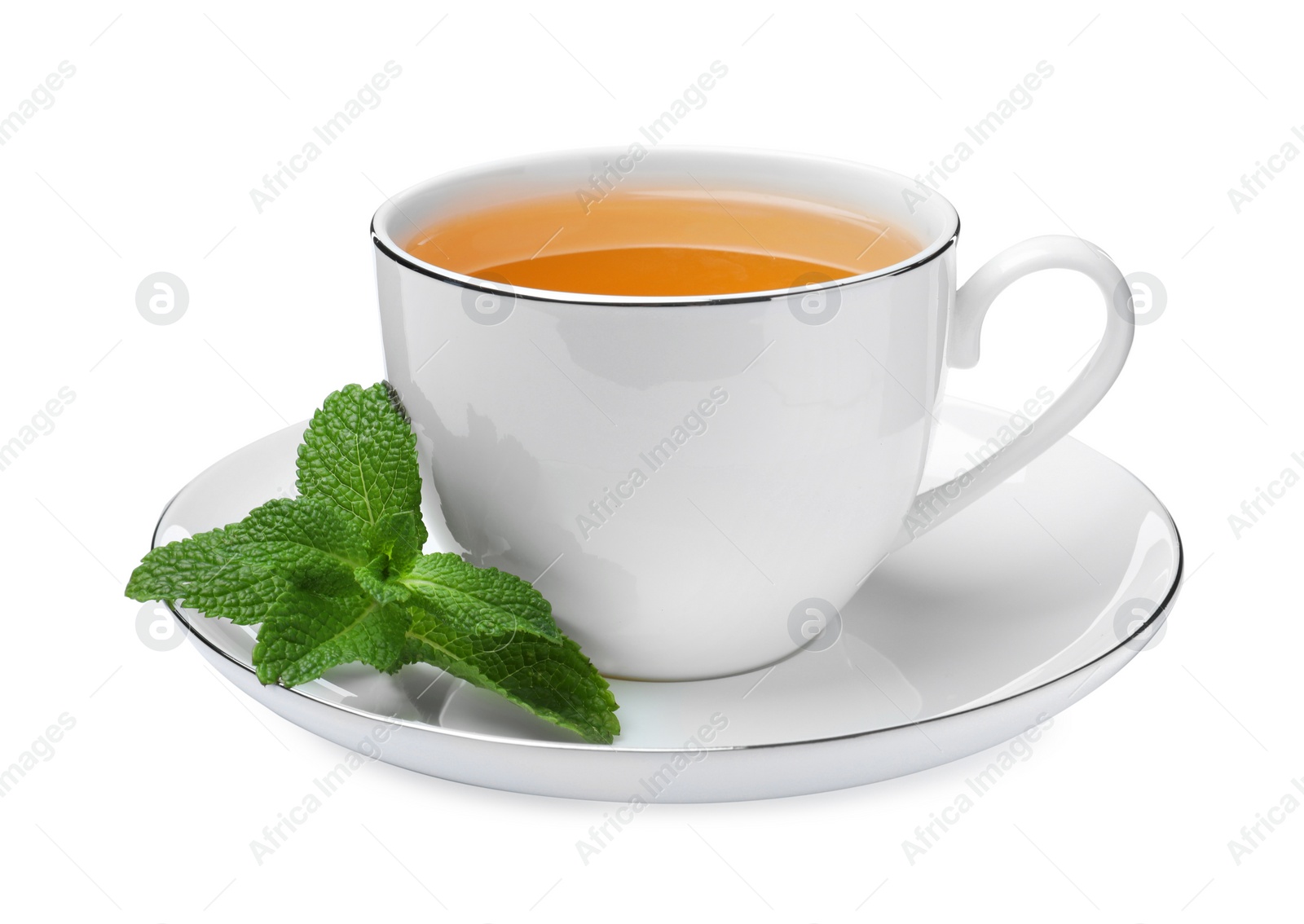 Photo of Cup of aromatic green tea with fresh mint on white background