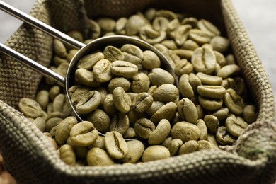 Photo of Green coffee beans and scoop in bag, closeup