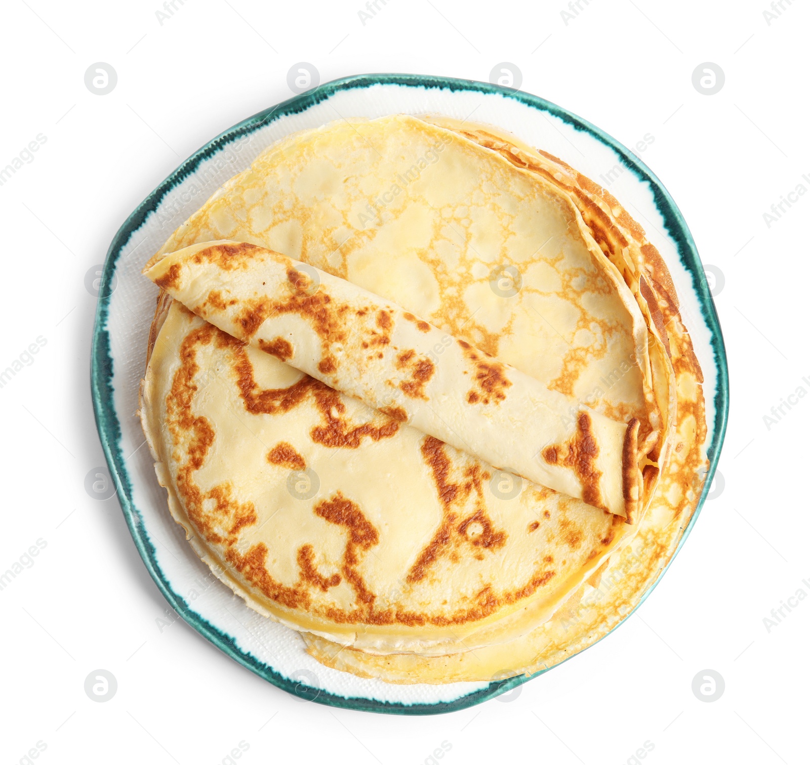 Photo of Stack of fresh thin pancakes isolated on white, top view