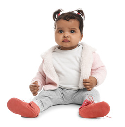 Photo of Cute African American baby on white background