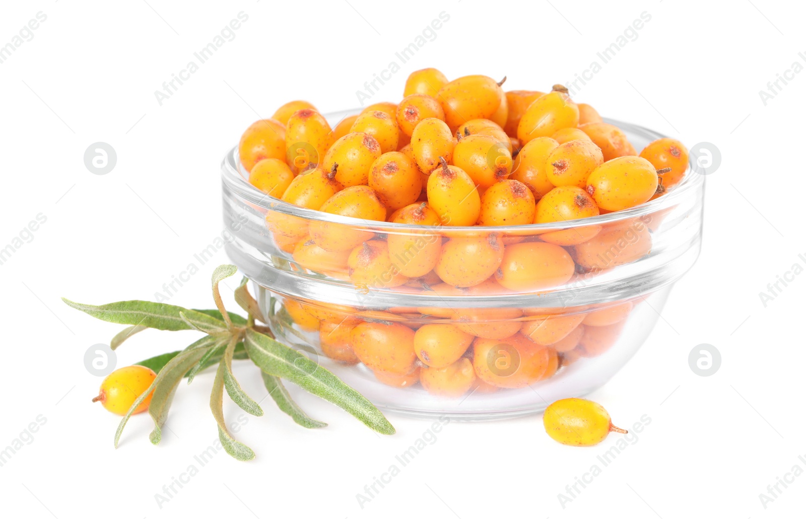 Photo of Fresh ripe sea buckthorn berries in bowl on white background