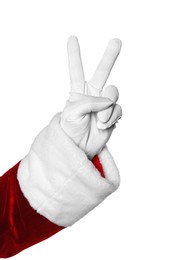 Photo of Merry Christmas. Santa Claus showing v-sign on white background, closeup