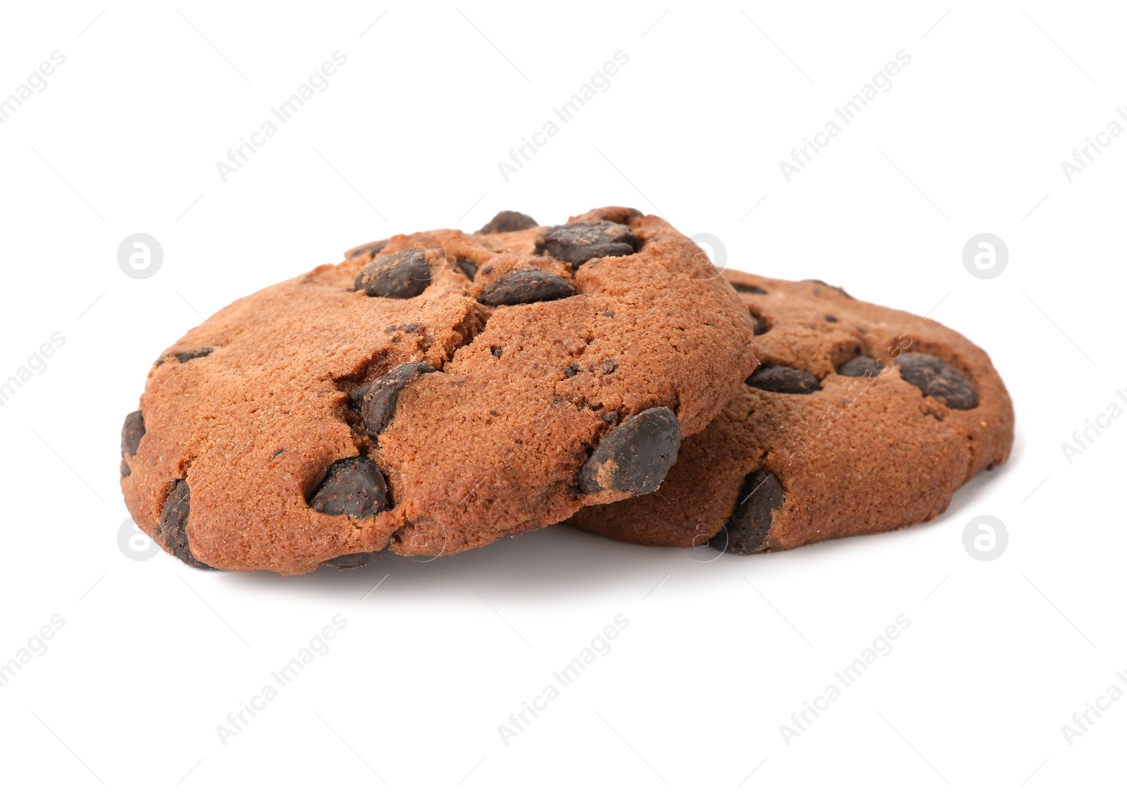 Photo of Tasty cookies with chocolate chips on white background