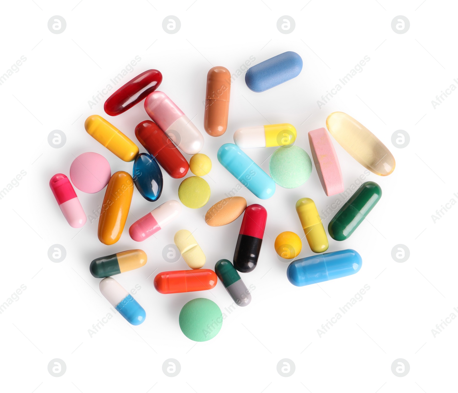 Photo of Many different pills isolated on white, top view