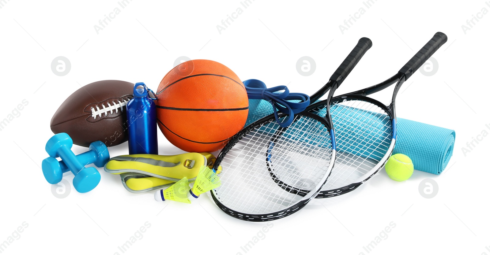 Photo of Set of different sports equipment on white background