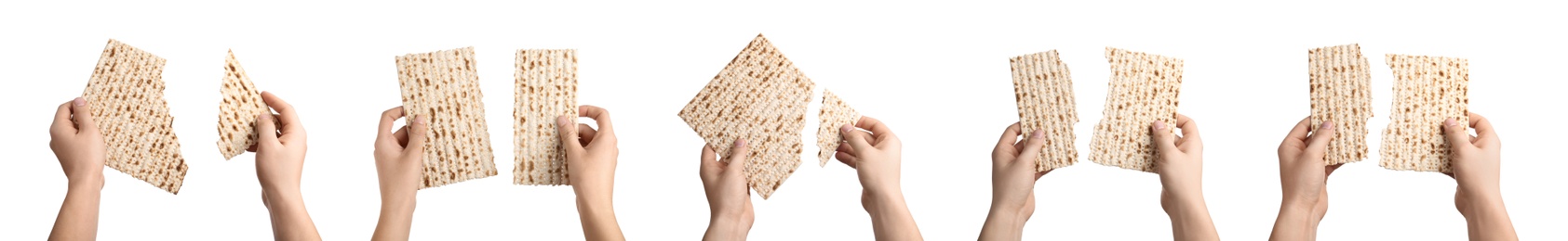 Image of Collage with photos of people holding matzos on white background, closeup. Pesach (Passover) celebration