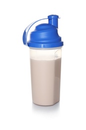 Protein shake in sport bottle isolated on white