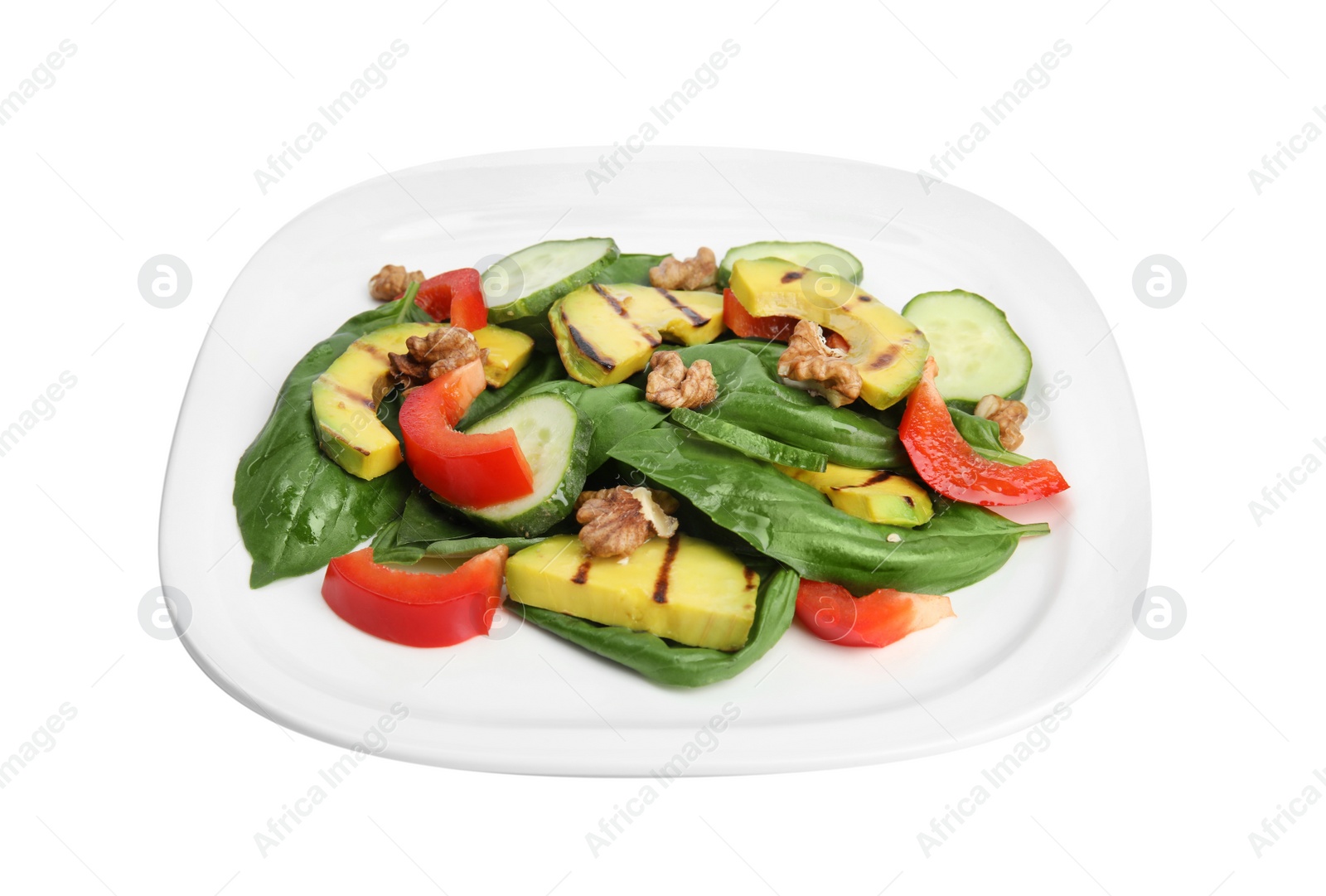 Photo of Delicious avocado salad with basil on white background