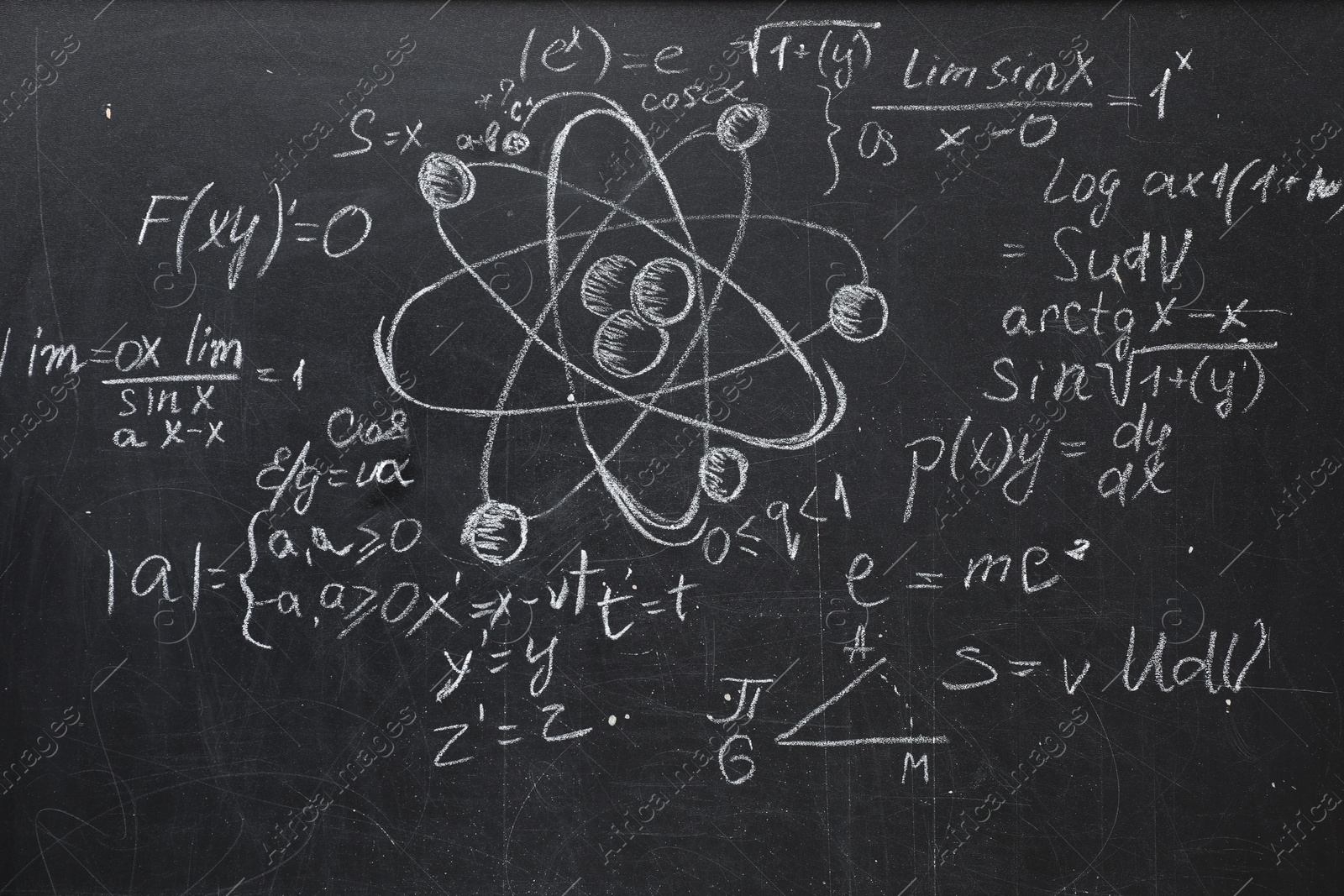 Photo of Many different physical formulas written with chalk on blackboard