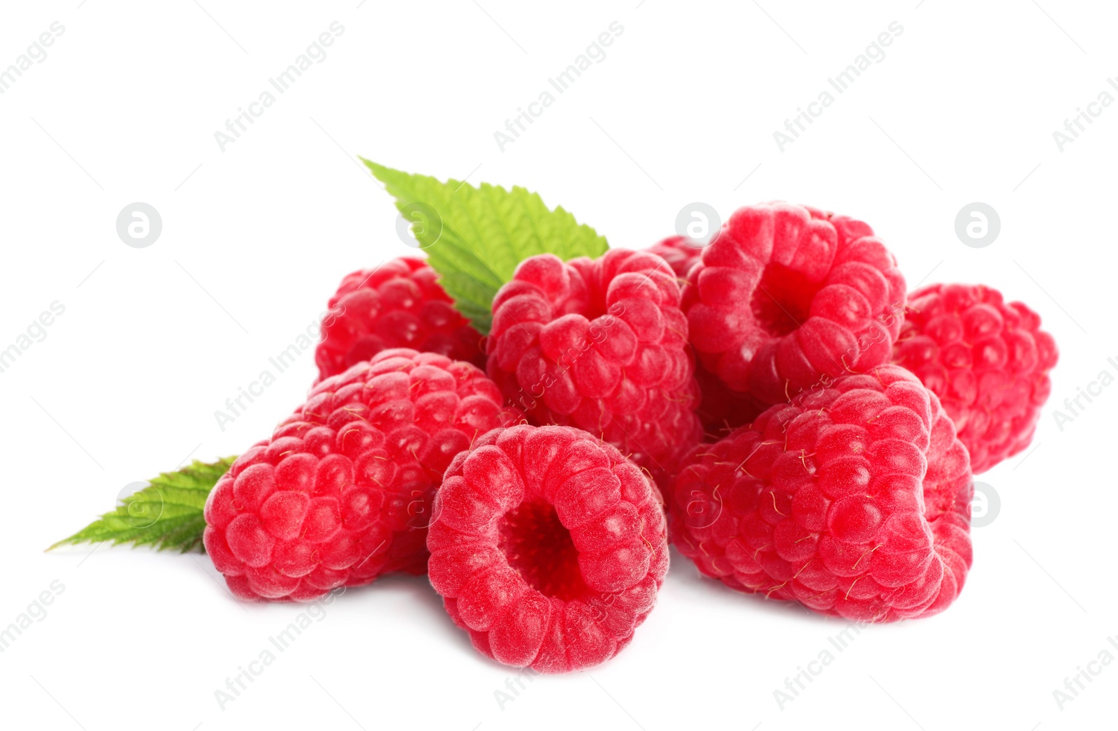 Photo of Delicious ripe sweet raspberries with leaves isolated on white