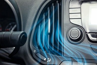 Closeup view of conditioning system in car and illustration of cool air flow