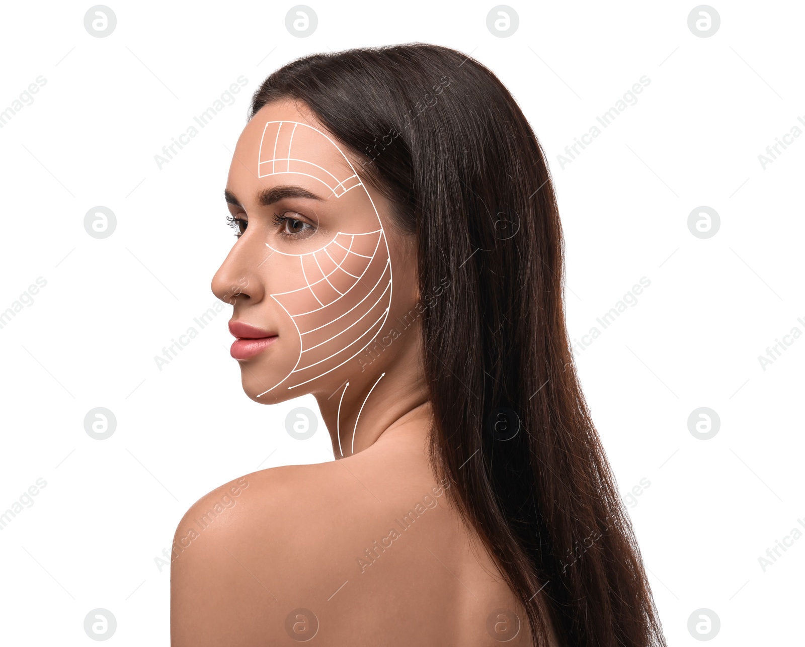 Image of Attractive woman with perfect skin after cosmetic treatment on white background. Lifting arrows on her face