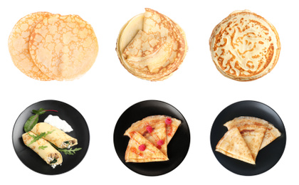 Image of Set of tasty thin pancakes on white background, top view. Banner design