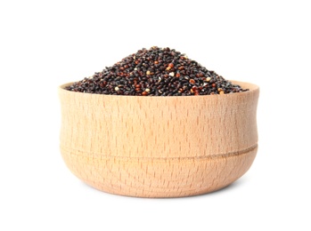 Bowl with black quinoa on white background