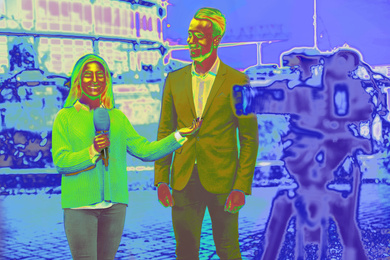 Image of Journalist interviewing businessman outdoors, view through thermal camera. Temperature detection - Covid spreading prevention measure 