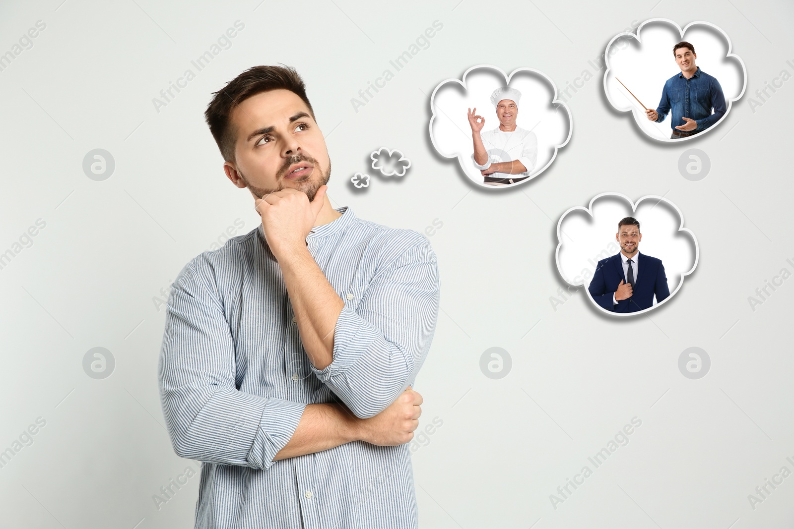 Image of Thoughtful man choosing probable profession on light background