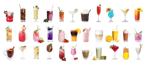 Set with different refreshing summer beverages on white background