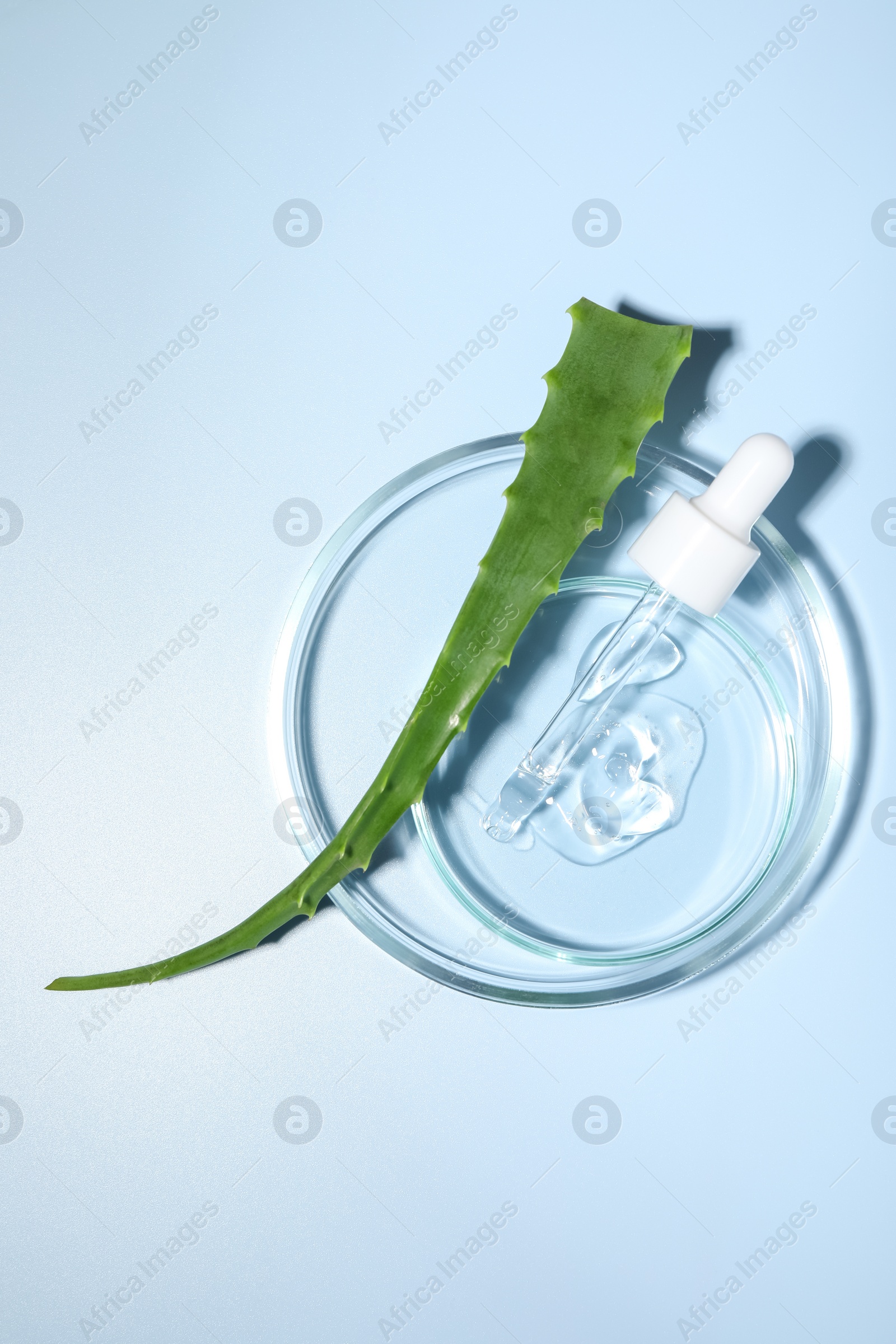 Photo of Petri dishes with cosmetic gel and aloe vera leaf on light blue background, top view