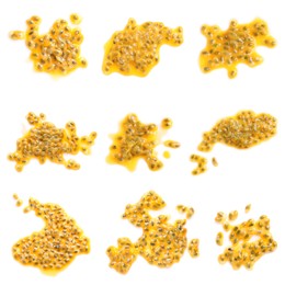 Image of Set with passion fruit seeds on white background, top view