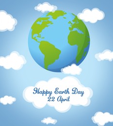 Illustration of Happy Earth Day.  planet and blue sky with clouds