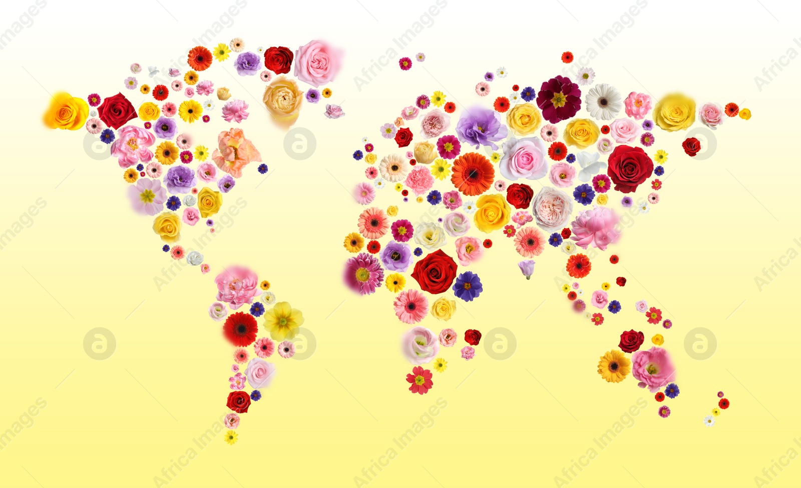 Image of World map made of beautiful flowers on gradient background, banner design