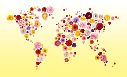 Image of World map made of beautiful flowers on gradient background, banner design
