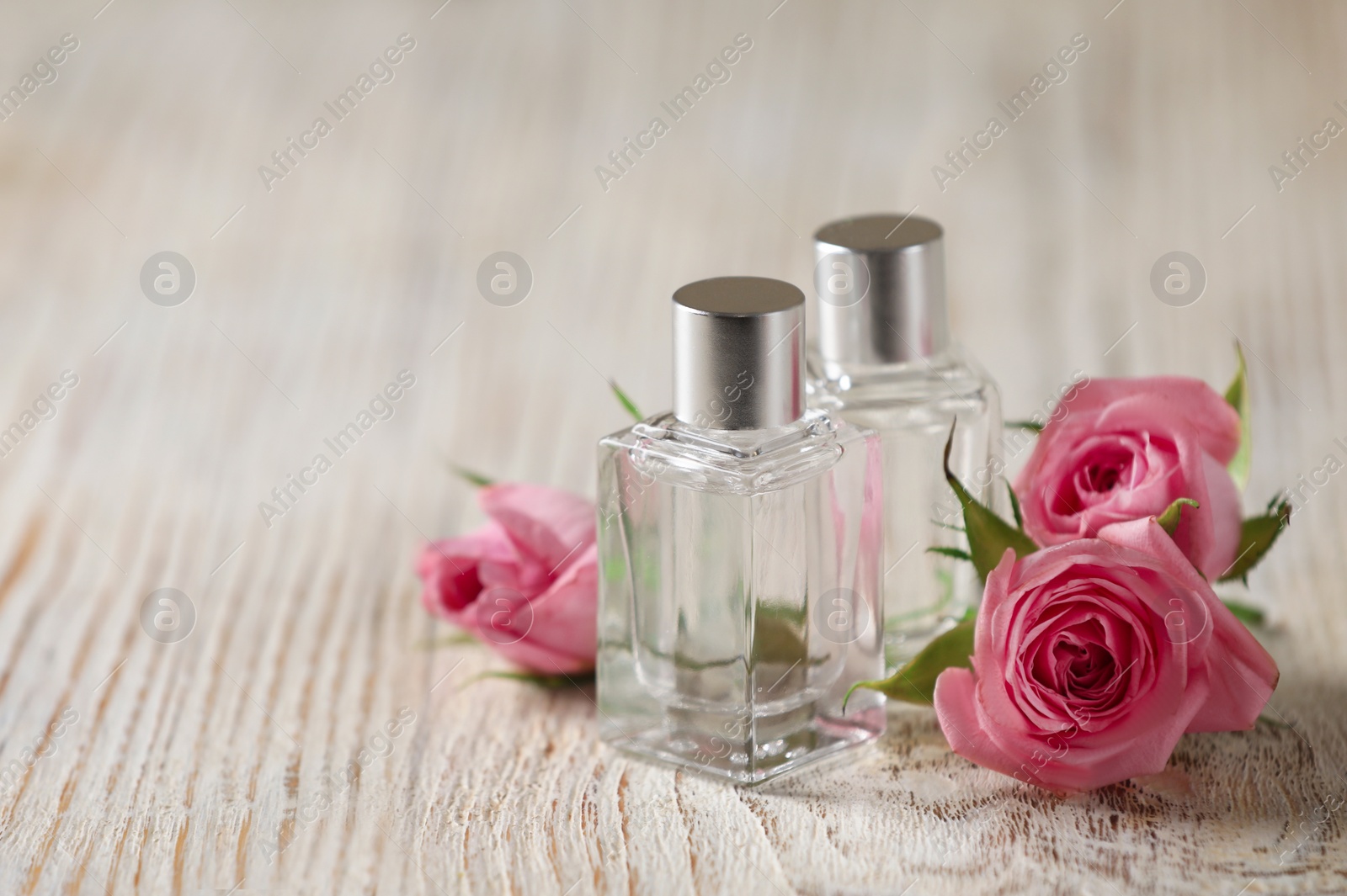Photo of Bottles of essential oils and roses on white wooden table, space for text