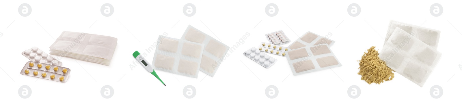 Image of Set with mustard plasters on white background. Banner design