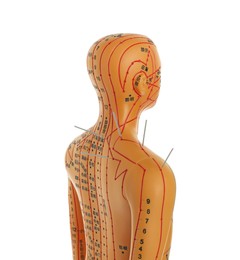 Photo of Acupuncture - alternative medicine. Human model with needles in shoulder isolated on white