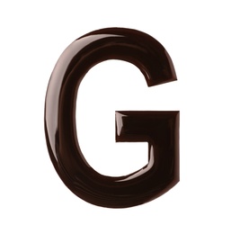 Chocolate letter G on white background, top view